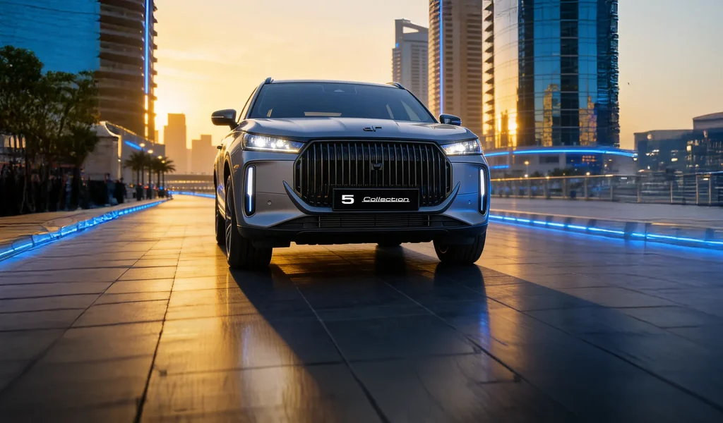 DR 5 Full Hybrid in un paesaggio urbano al tramonto